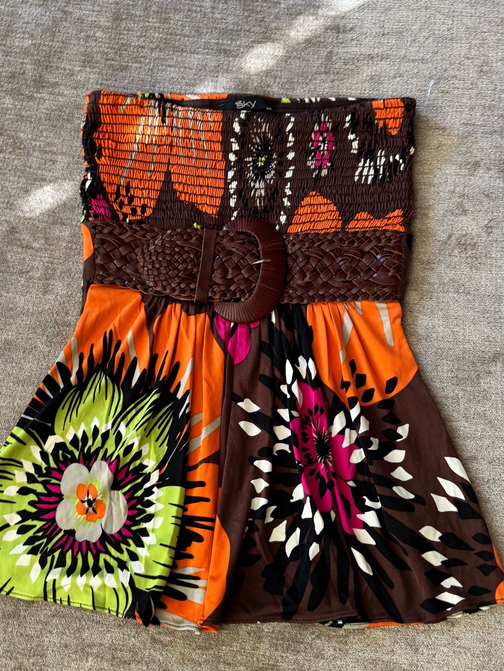 Sky rare Y2K Strapless Floral D in Brown, Orange, Green & Pink